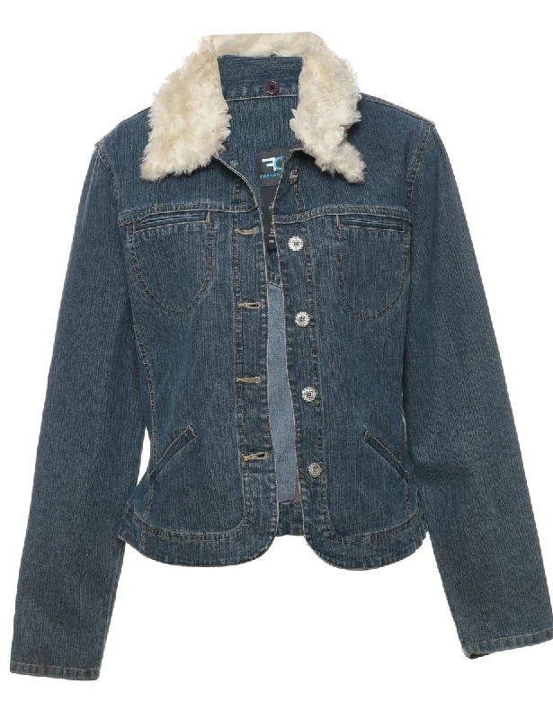 windbreaker jacketMedium Wash Faux Fur Collar Denim Jacket - L