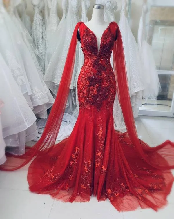 casual evening dressUnique Red Vintage Wedding Dress,Princess Bridal Gown Mermaid Prom Dress Y1573