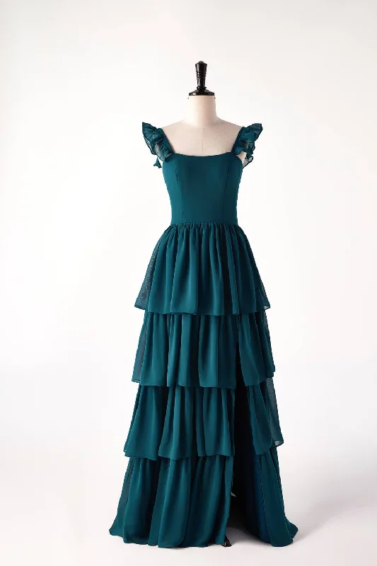 Amazing Deals evening dressStraps Dark Blue Ruffle Long Bridesmaid Dress