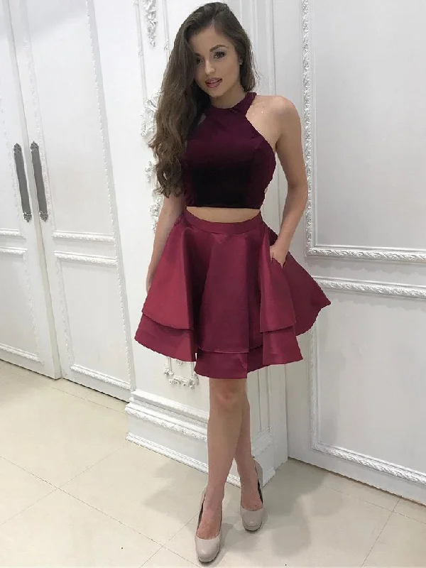 Early Access Two Piece Homecoming Dress Halter Burgundy Short Prom Dress Cute Party Dress JKS056