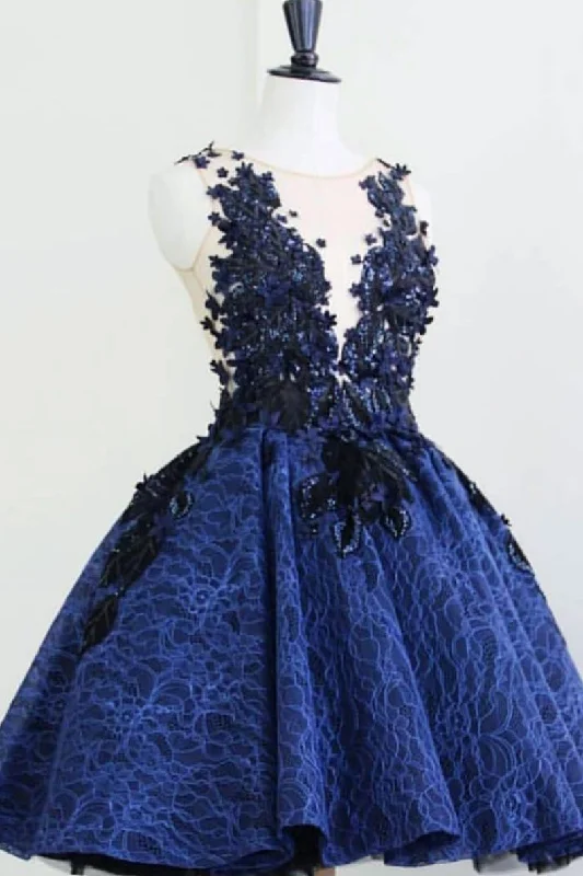 Limited Availability Blue round neck lace short prom dress, blue lace evening dress JKF010