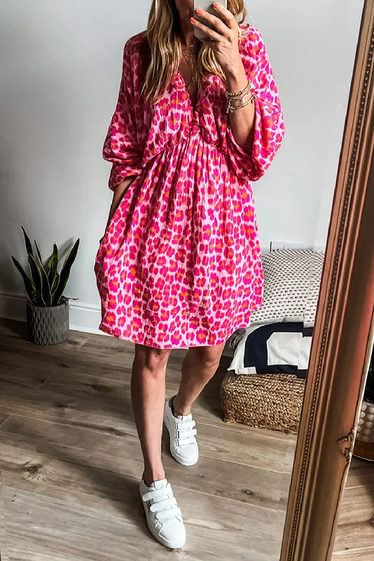 Discount Extravaganza Pink Leopard Print Elasticated V Neck 3/4 Puff Sleeve Dress