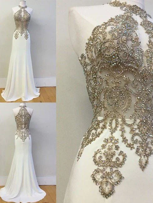 Steals and Deals Beautiful Ivory Prom Dresses High Neck Sheath/Column Long Prom Dress/Evening Dress JKL168