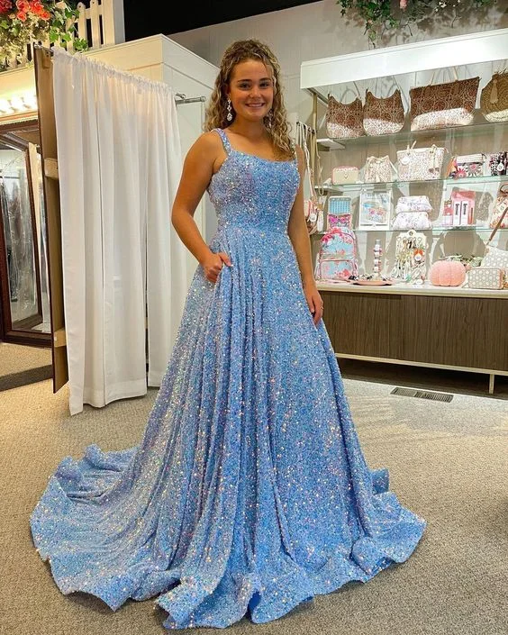 Special Promotion casual summer dressSparkly A Line Square Neck Blue Sequins Long Prom Dresses With Pockets Y348 Special Promotion casual summer dressSparkly A Line Square Neck Blue Sequins Long Prom Dresses With Pockets Y348