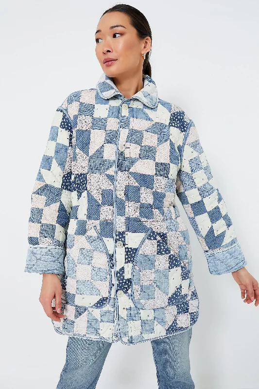 Weekend Deal chic padded coatPatchwork Chambray Cotton Blend Reversible Coat