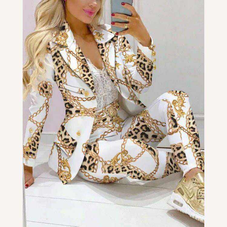 Savings Galore Casual Stripe Print Suit Coat Pants Set Office Lady Fashion Elegant Long Sleeve Top Trousers Two Piece Set Women Outfit 2023