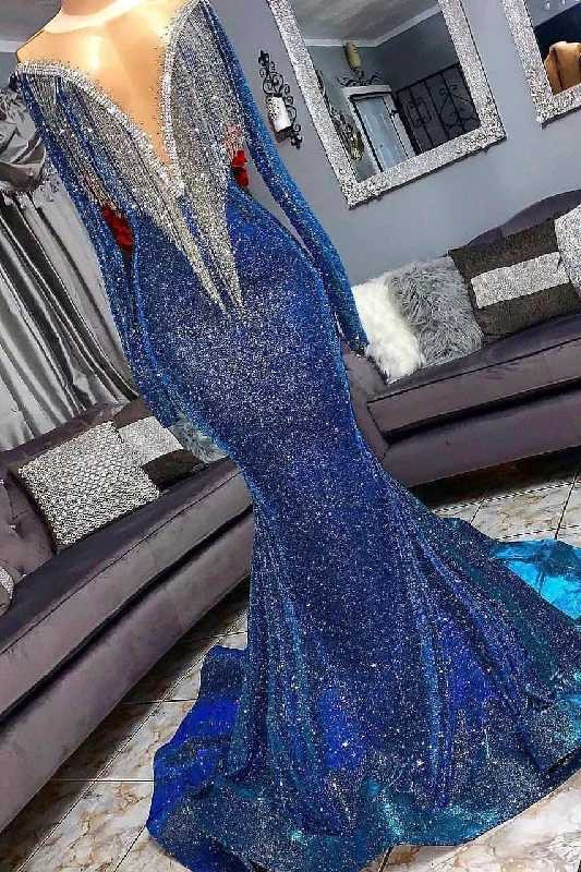 Crazy Savings Long Sleeves Deep V-Neck Mermaid Prom Dress Sequins Royal Blue Red Long