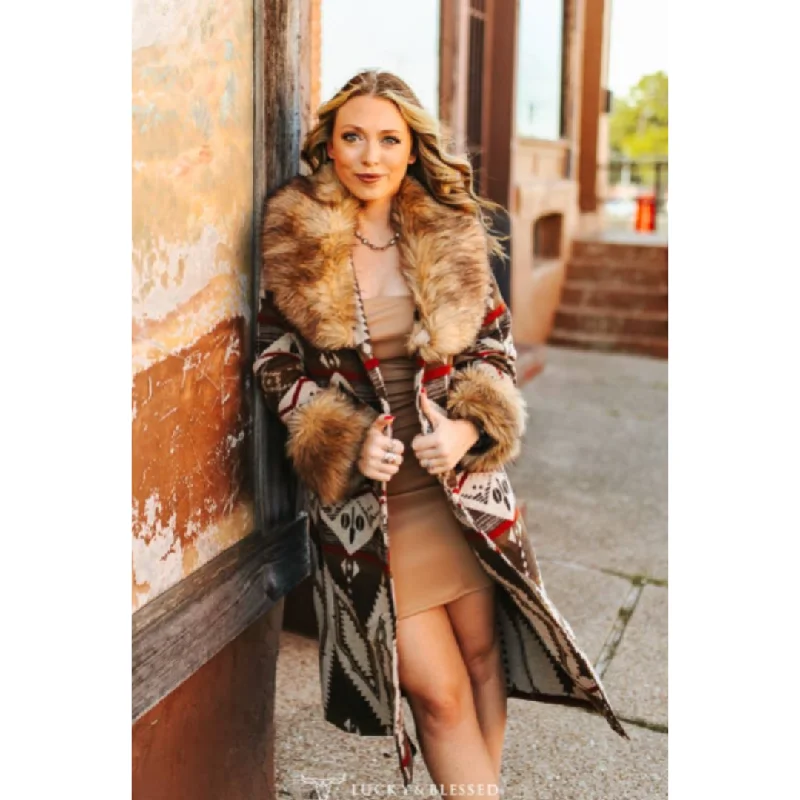 Special Price padded puffer coatBrown Aztec Fur Collar Long Coat