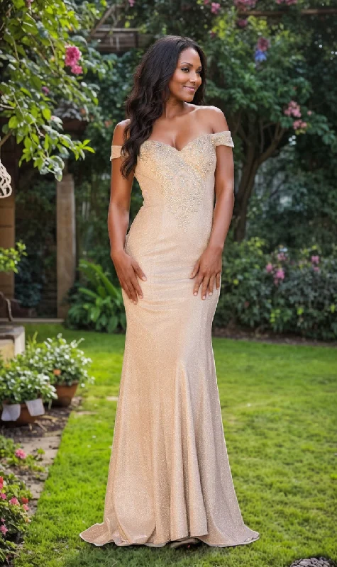 cocktail dressOff-The-Shoulder Long Gold Prom Dress 4333