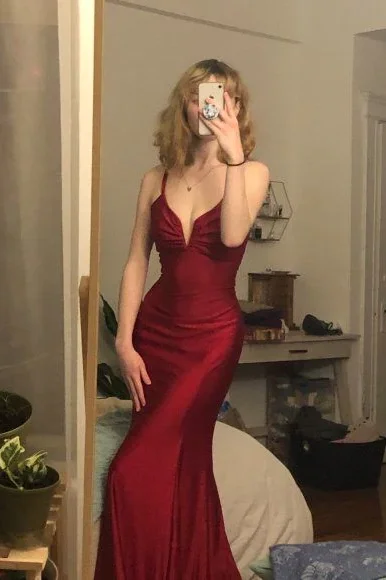 Price Blitz Burgundy Spaghetti Straps Mermaid Long Prom Evening Dress GJS601