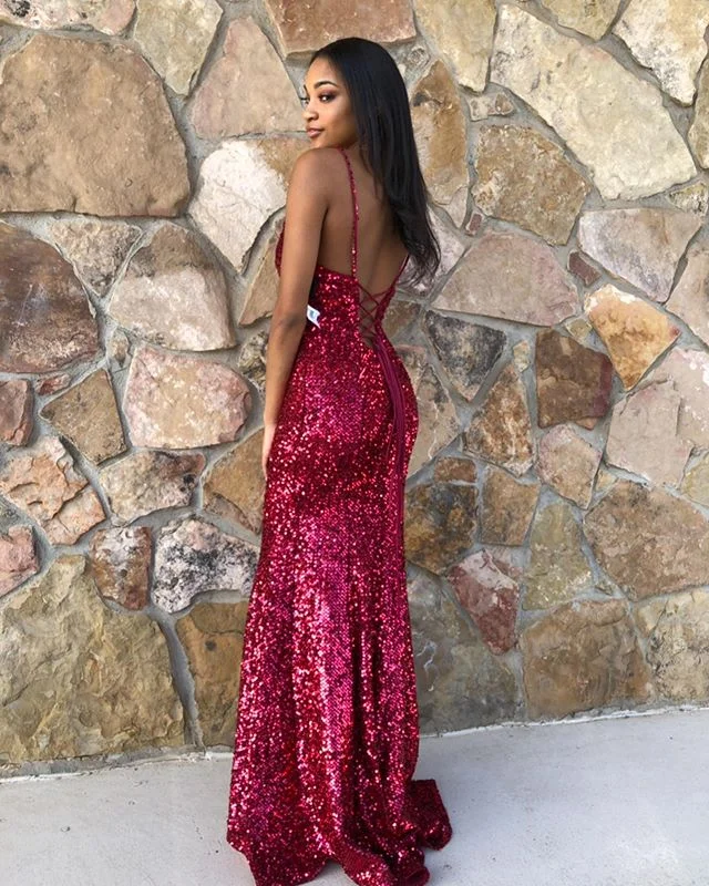 formal dressCharming Mermaid V Neck Straps Rose Red Long Evening Party Dresses, Cross Back Prom Dresses Y1543