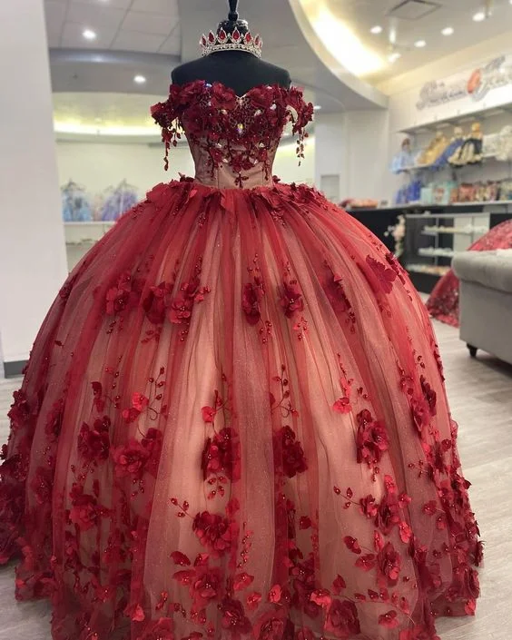 pleated dressShimmery Off Shoulder 3D Flowers Quinceanera Dress and Train,Ball Gown Y1448