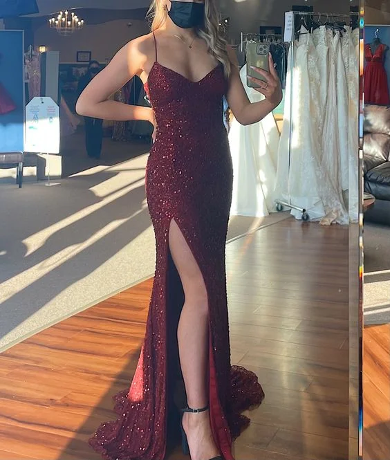 puff sleeve dressBurgundy Mermaid Sparkly Sequins Long Prom Dress Y1432