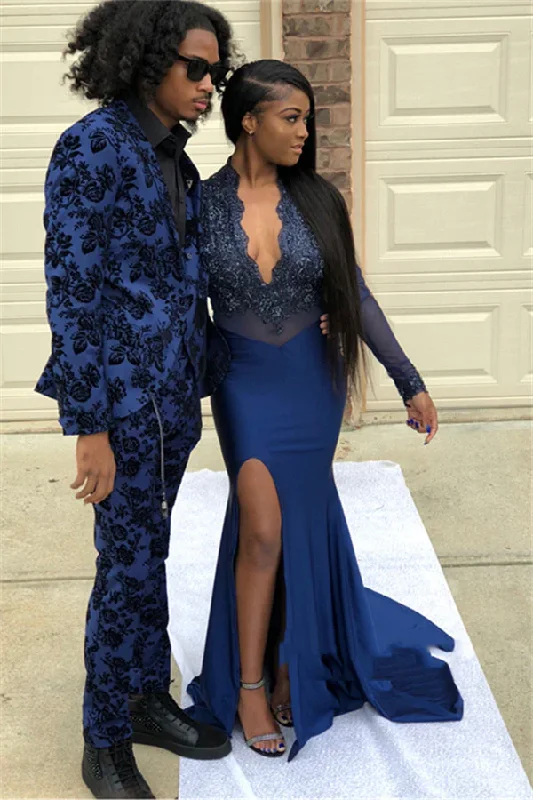 Overstock Sale romantic dressNavy Blue Long Sleeve V Neck Applique Split Front Mermaid Prom Dresses Y573 Overstock Sale romantic dressNavy Blue Long Sleeve V Neck Applique Split Front Mermaid Prom Dresses Y573