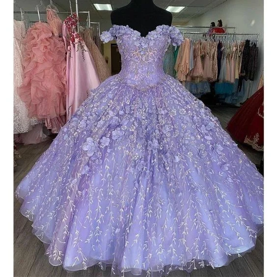 Markdown Madness party-ready dressRomantic Lavender 3D Floral Flowers Quinceanera Dresses Off Shoulder Ball Gown Sweet 16 Dress  Y1152