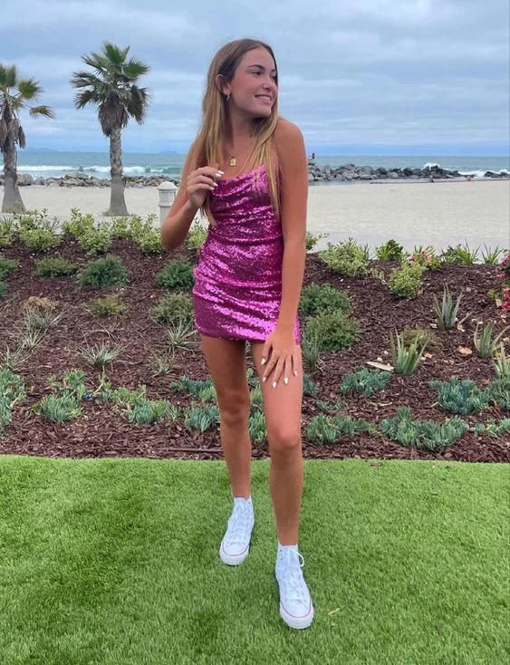 Massive Deals sleeveless dressCute Fuchsia Sequins Tight Dress,Sexy Mini Homecoming Dress Y1065