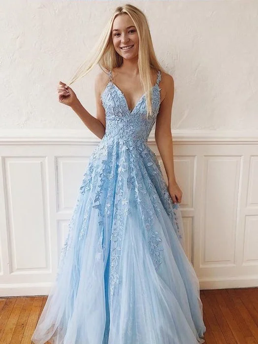 Exclusive Deal Chic Prom Dresses with Straps A Line Sky Blue Lace Prom Dress V-neck Evening Dress JKL1666