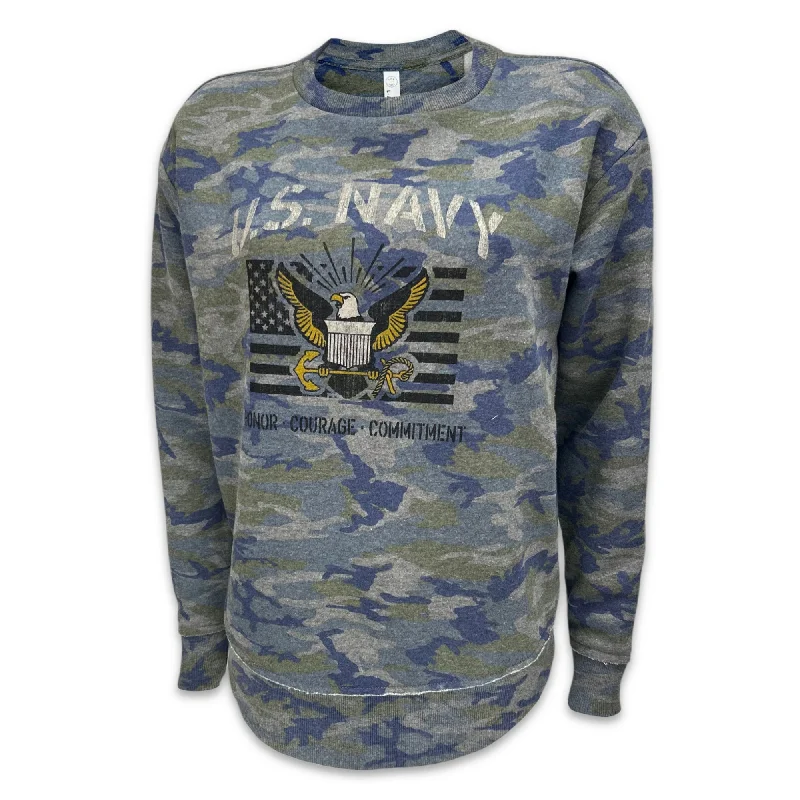 retro sports hoodieNavy Ladies Vintage Stencil Fleece Crewneck (Camo)