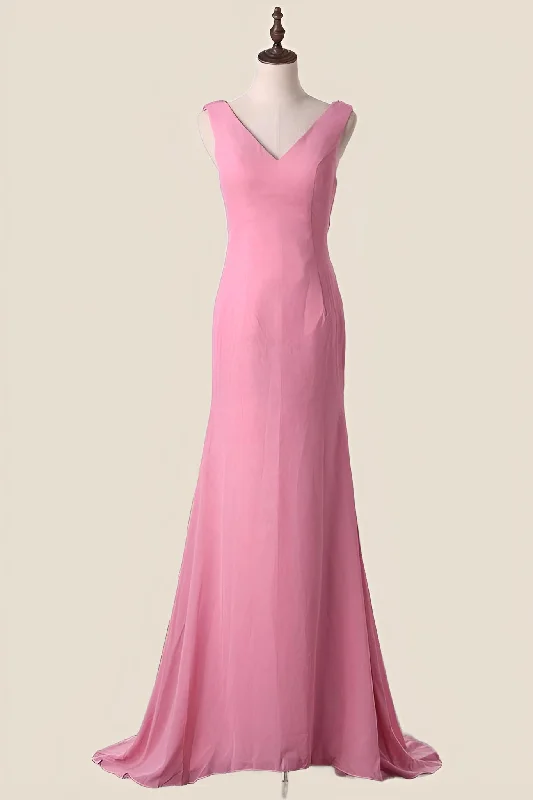 Buy More, Save More floral dressV Neck Blush Pink Chiffon Long Party Dress