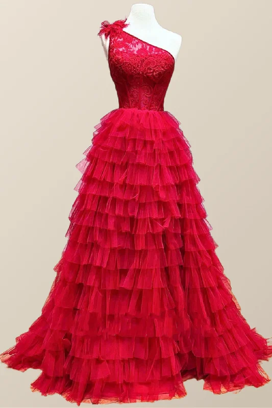 Don't Miss fitted cocktail dressOne Shoulder Lace and Tulle Tiered Ruffle Prom Dress