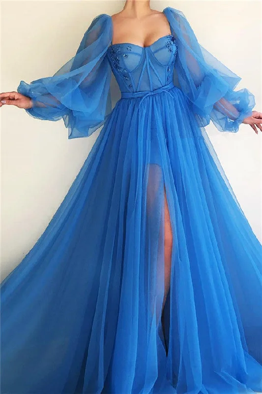 Unmissable Offer Elegant Blue Tulle Long Sleeves Prom Dress Sweetheart Long Beaded With Slit