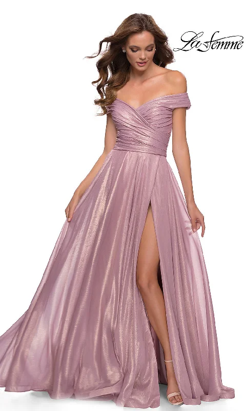 draped dressLong Pink Metallic A-Line La Femme Prom Dress