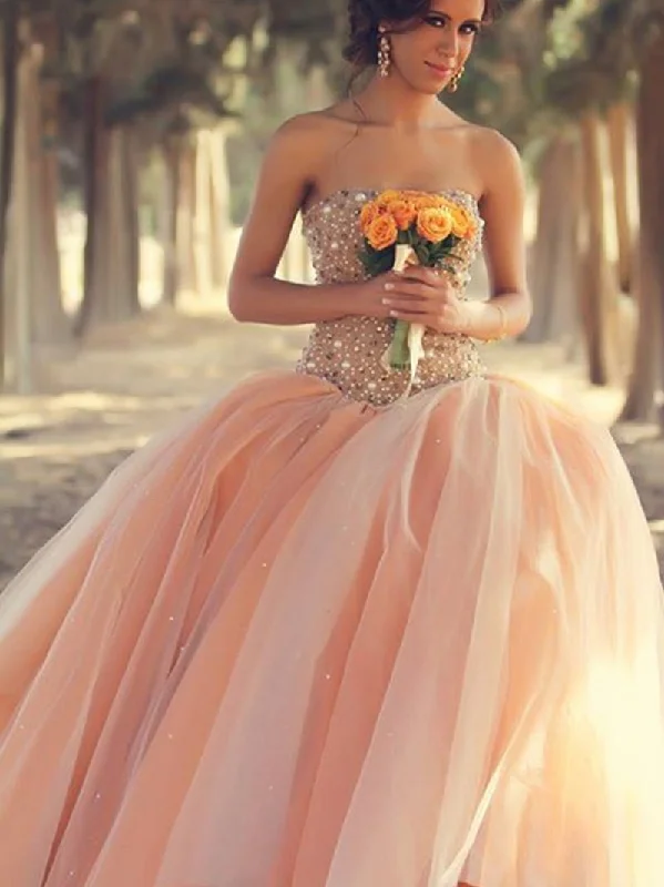 Can't Miss Ball Gown Prom Dresses Sweetheart Floor-length Tulle Rhinestone Prom Dress/Evening Dress JKL177