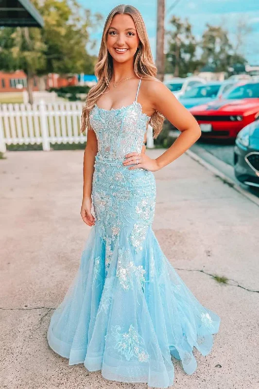 sleeveless dressLight Blue Appliques Straps Lace-Up Mermaid Long Prom Dress Y1746