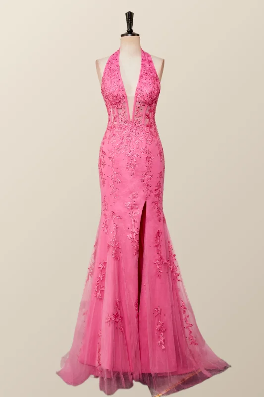 Midnight Sale boho dressHalter Hot Pink Lace Mermaid Prom Dress