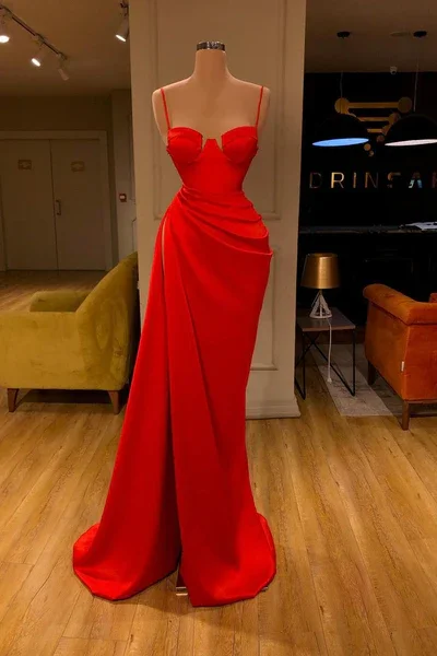New Arrival luxury dressGorgeous Spaghetti Strap Unique Round Cup High split Red Prom Dress  Y81