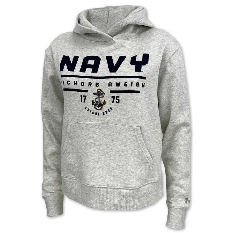 contemporary fitness sweatshirtNavy Ladies Under Armour Anchors Aweigh All Day Fleece Hood (Silver Heather)