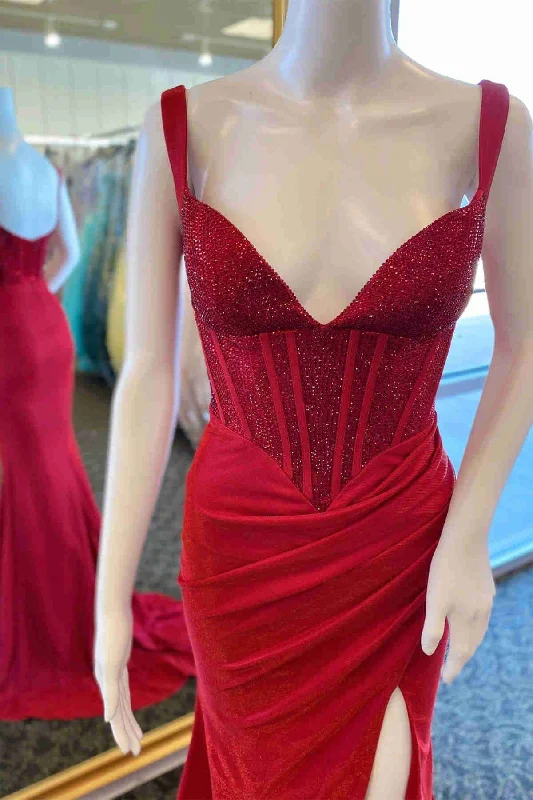 Special Offer casual dressBeaded Red V-Neck Pleated Long Prom Dress with Slit Y893 Special Offer casual dressBeaded Red V-Neck Pleated Long Prom Dress with Slit Y893