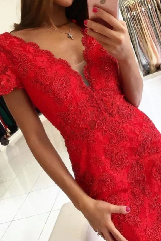 Best Deals Backless V-neck Short Sleeves Lace Prom Dress Mermaid Red Long