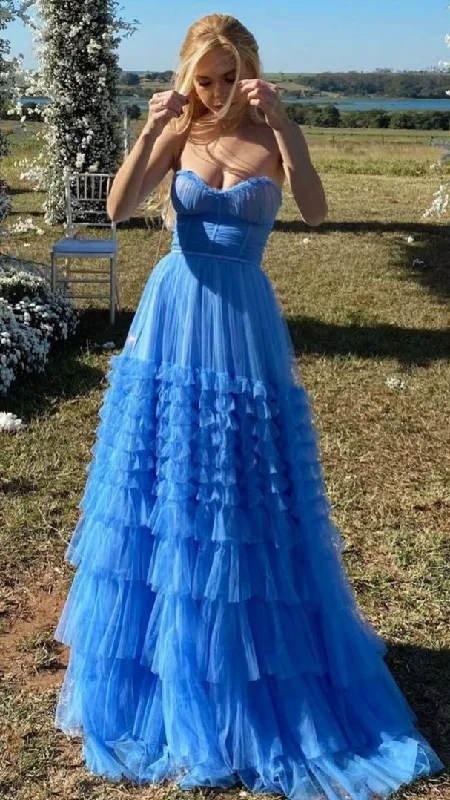 Price Cut high-waisted dressBlue Sweetheart Tulle Tiered Prom Dresses,Sleeveless Prom Gown Y1062