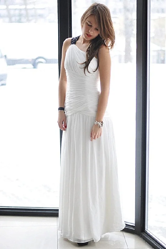 Buy More, Save More A-line One-shoulder Floor Length Chiffon Backless Wedding Dress