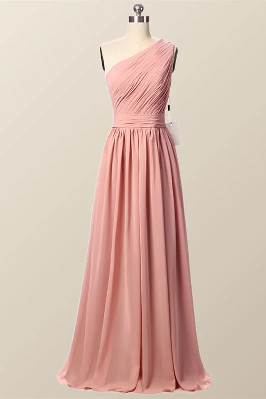 Deep Discounts form-fitting dressOne Shoulder Blush Pink Pleated Long Bridesmaid Dress