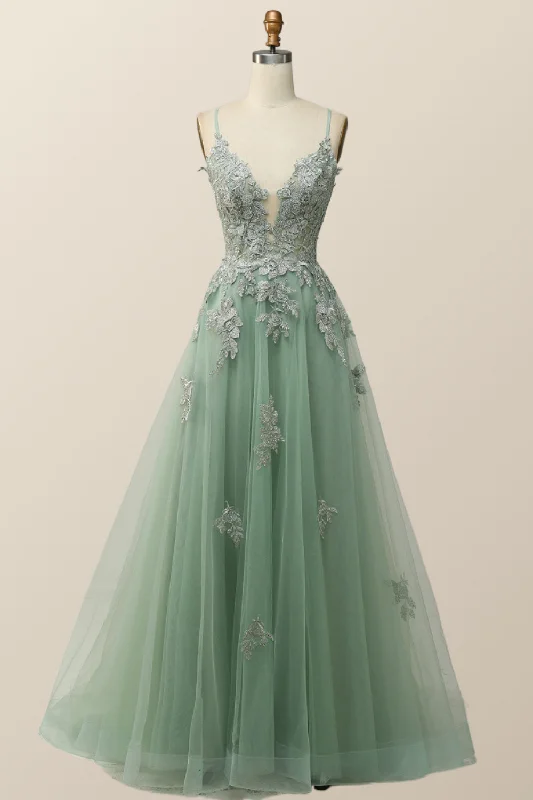 Warehouse Sale form-fitting dressSage Green V Neck Appliques Long Formal Dress
