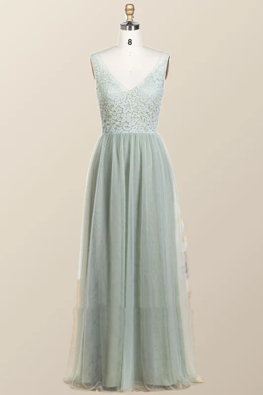 Savings Bonanza classic fit-and-flare dressSage Green Lace and Tulle Long Bridesmaid Dress
