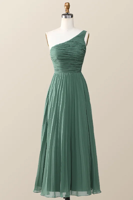 Hurry In fitted dressOne Shoulder Eucalyptus Chiffon Long Bridesmaid Dress