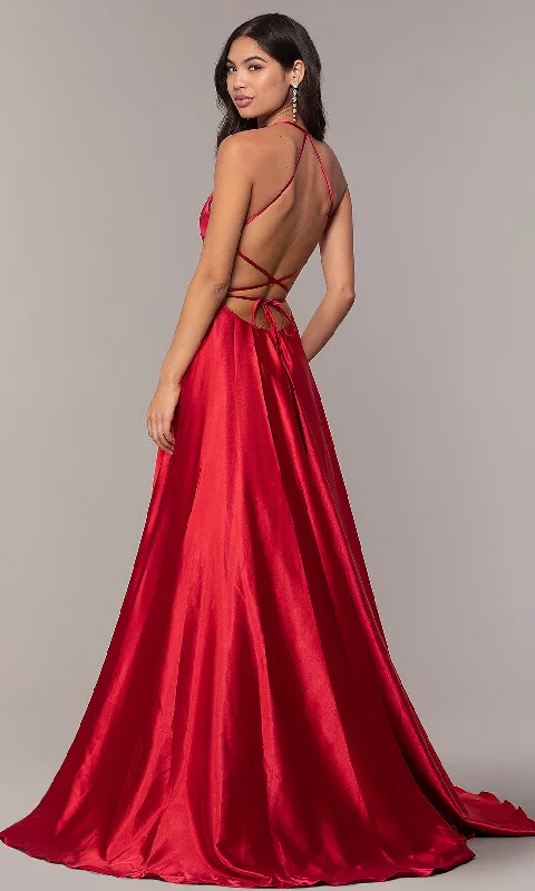 off-the-shoulder dressFaviana Long Open-Back Satin Formal Dress with Pockets