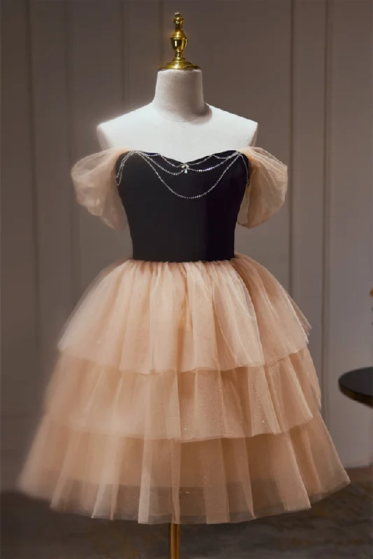 Major Savings summer dressOff the Shoulder Black and Champagne Ruffle Short Dress