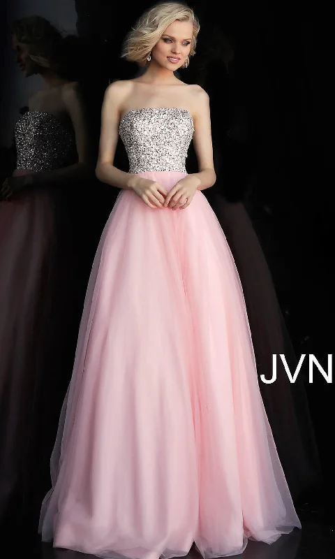 puff sleeve dressLong JVN by Jovani Strapless Blush Pink Prom Dress