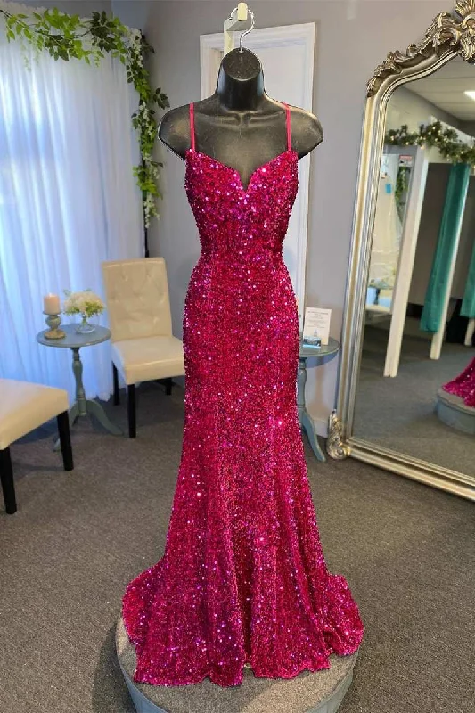 A-line dressMagenta Sequin Split Neck Mermaid Long Prom Dress Y1694