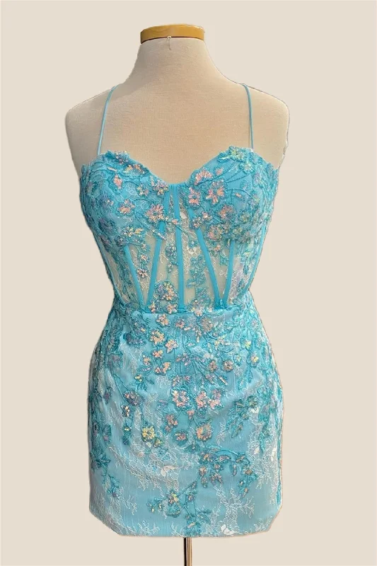 Value Deals casual midi dressLight Blue Sheer Bodice Short Dress with Sequin