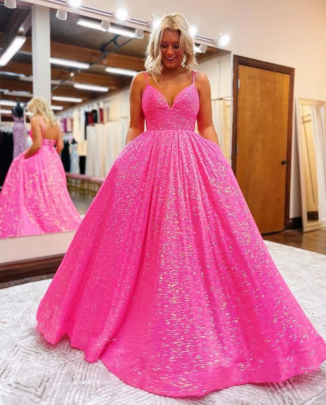 summer dressHot Pink V Neck Sequins Long Prom Dresses Y1489