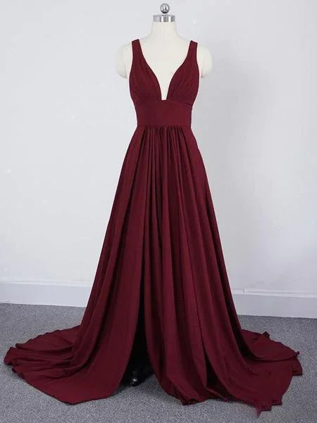 structured dressBurgundy A Line Deep V Neck Cheap Bridesmaid Dresses For Wedding,Long Prom Dress  Y1565