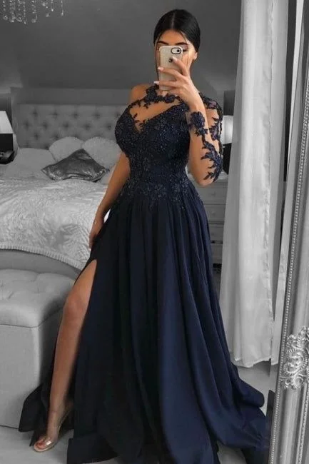 Super Sale relaxed fit dressUnique One-shoulder Long-Sleeve A-Line Floor-Length Chiffon Prom Dresses with Appliques Y1136
