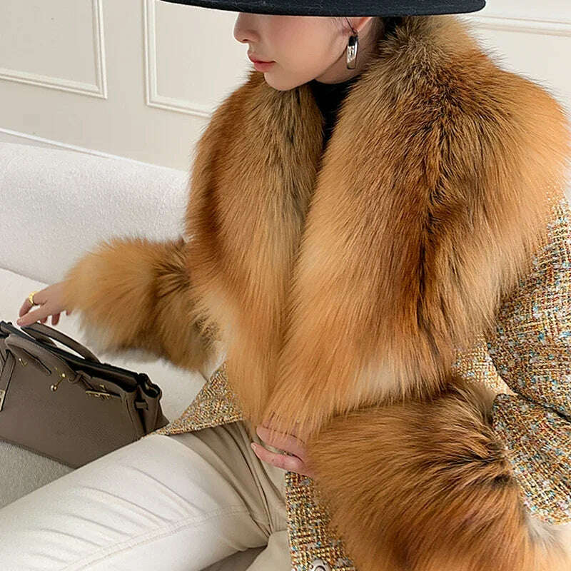 stylish lightweight coat2024 Winter Women Wool Blends Long Coat Real Red Fox Fur Collar Cuffs Thick Warm Jacket Tweed Plaid New Luxury Female Coat