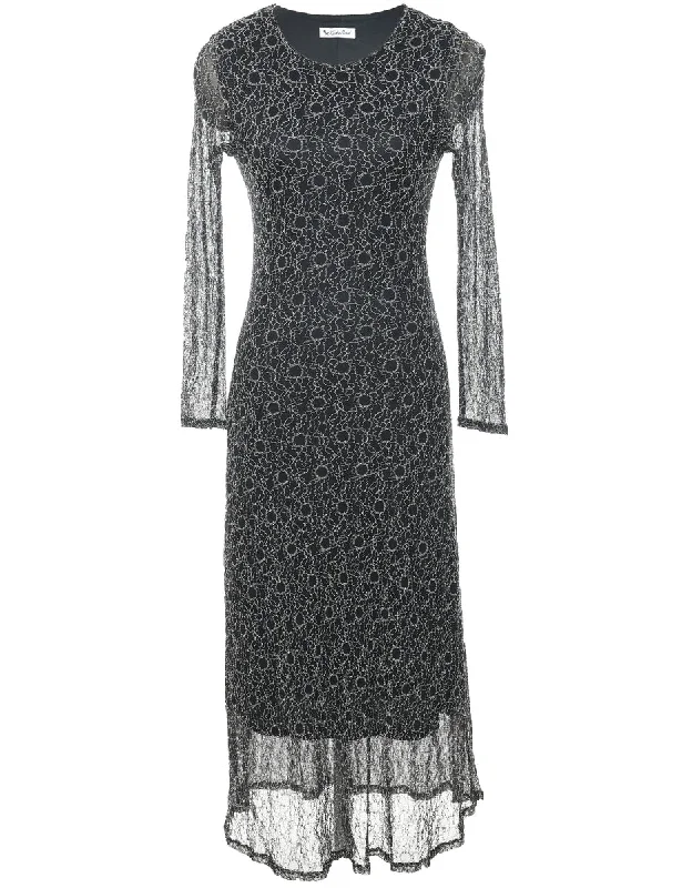 wool-blend coatBlack & Silver Lace Long-Sleeve Sparkly Evening Dress - S