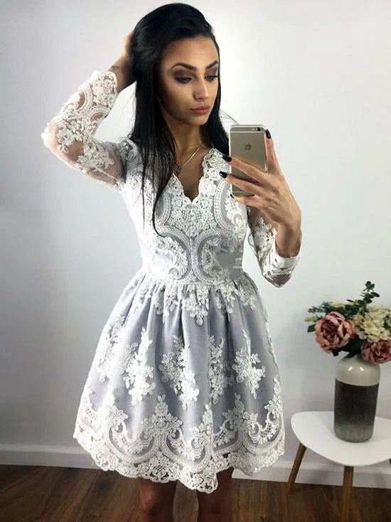 Today's Special Long Sleeve Homecoming Dresses V-neck A-line Lace Short Prom Dress Party Dress JK585